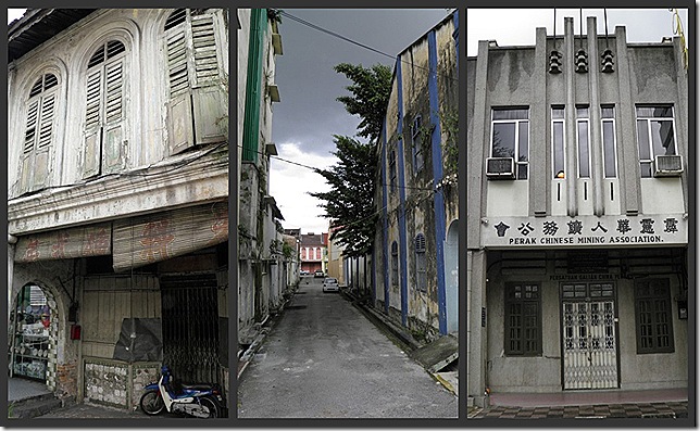 Shophouses in need of repair. Art Deco building.