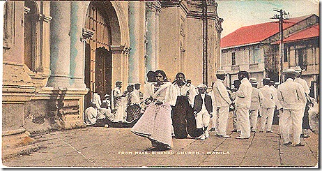 Old postcard showing worshippers in their Sunday best.