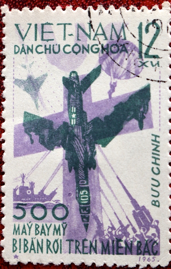 This first stamp, issued in 1965, claimed 500 US Aircraft Shot Down Over North Vietnam.